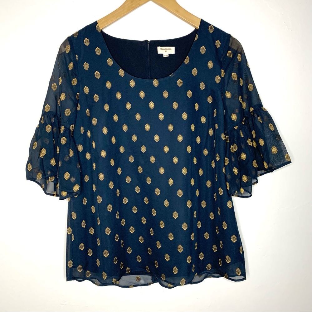 World Market Navy Sheer Bell Sleeves Gold Patterns Emblems Blouse Size: S/M